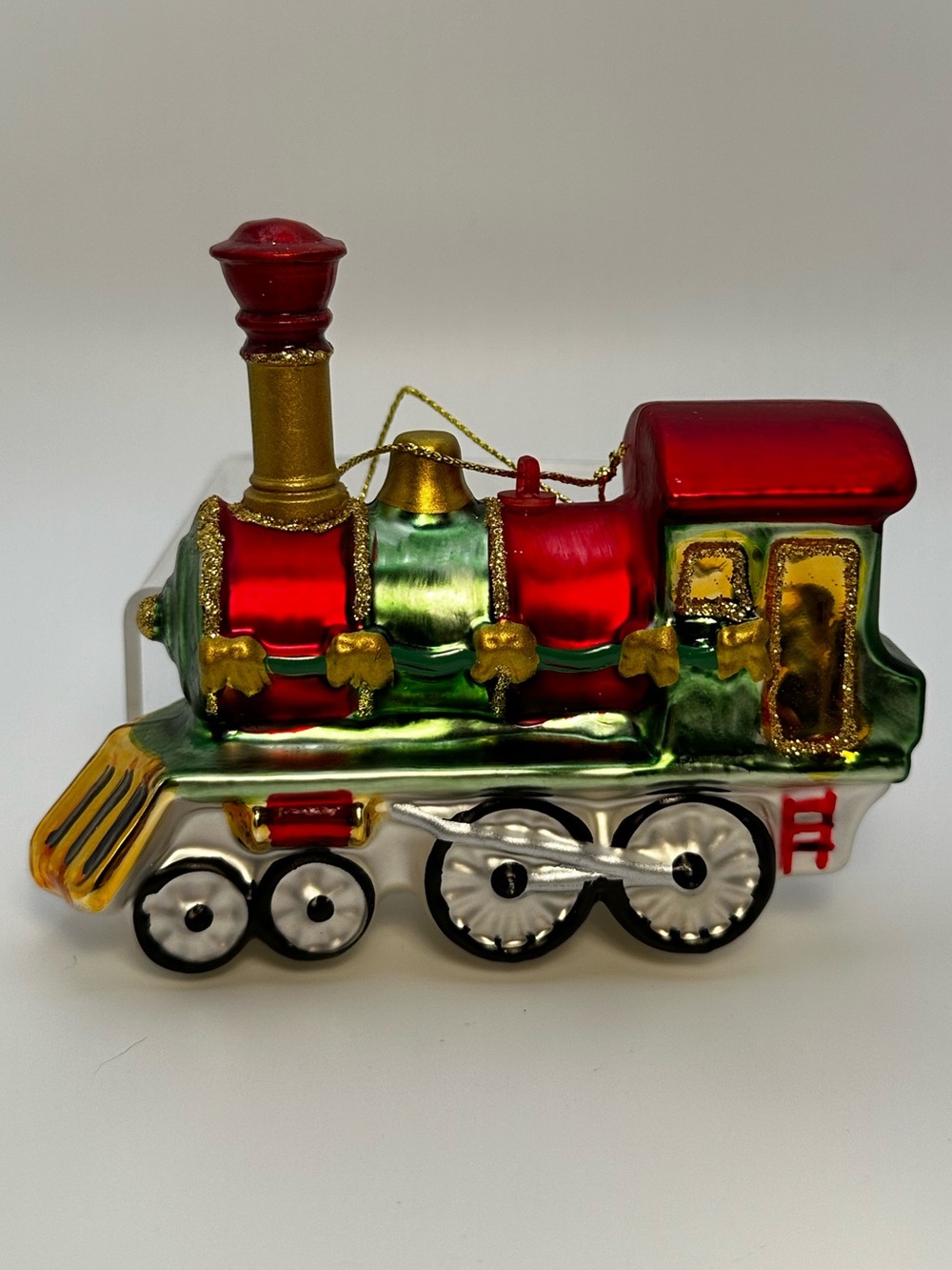 Red and Green Blown Glass Train Christmas Ornament